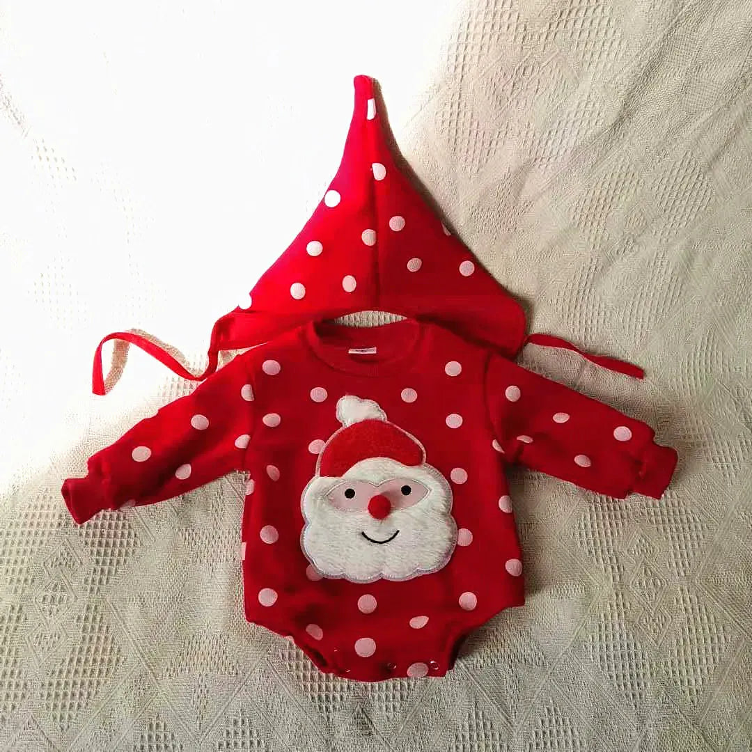 ロンパースセットアップ red top with hat / 66cm 6M ベビーロンパース/タイツ クリスマスサンタ長袖ボディスーツ+ボンネット帽子/足つきレギンスパンツ【mh0008055】