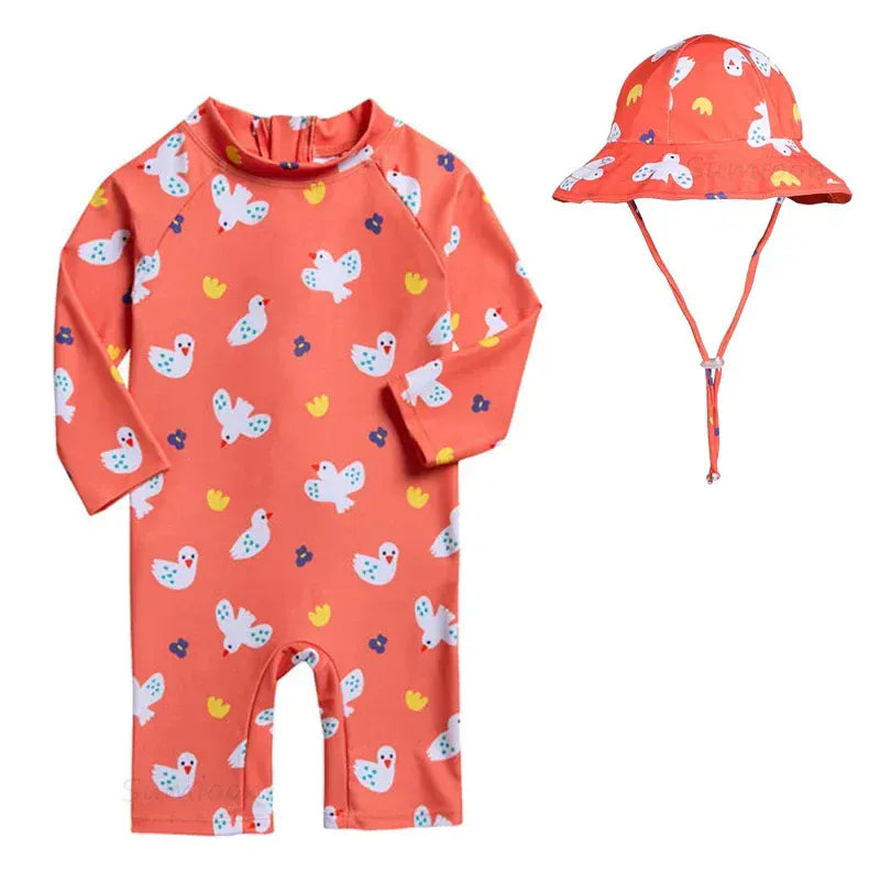 ベビー用水着 redbird with hat / 1-2Yrs キッズ水着 帽子セット 長袖ラッシュガード つなぎ ワンピース アニマル フラワープリント スイムウェア