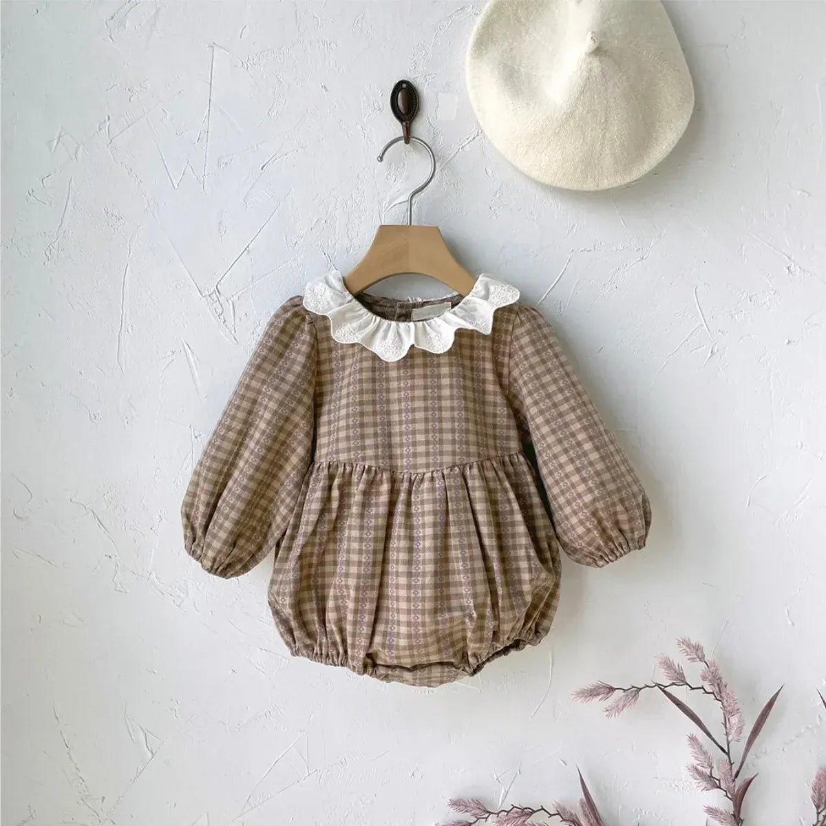 長袖ワンピース romper / 66cm ベビー長袖ロンパース ワンピース チェックプリント フリル リンクコーデ 姉妹お揃いコーデ ガールズ 女の子 子供服