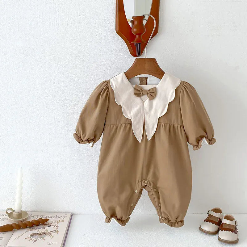 長袖ロンパース romper / 66cm ベビー長袖ロンパース 長袖ワンピース リボン襟付きボディスーツ ベージュ リンクコーデ 姉妹 兄弟 お揃いコーデ ユニセックス 男の子 女の子 子供服