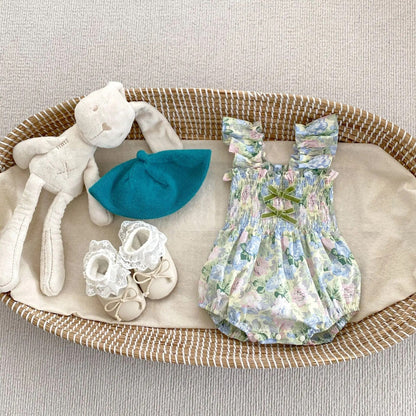 ノースリーブロンパース romper / 66cm 0-6m / 取り寄せ（7〜35日） ベビーロンパース/キッズワンピース ノースリーブ リボン フリル フラワー花柄プリント リンクコーデ 姉妹お揃いコーデ