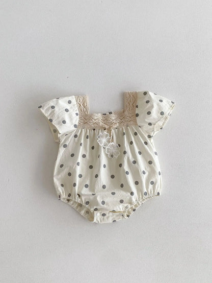 半袖ロンパース romper / 66cm 0-6m ベビーロンパース/キッズワンピース 半袖 レース 水玉ドットプリント リンクコーデ 姉妹 お揃いコーデ【mh0005258】