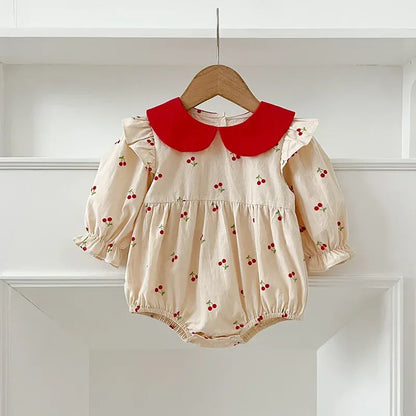 長袖ロンパース romper / 66cm 0-6m ベビーロンパース/キッズワンピース チェリーさくらんぼプリントショルダーフリル丸襟長袖ボディスーツ/ワンピース リンクコーデ 姉妹 お揃いコーデ【mh0007357】
