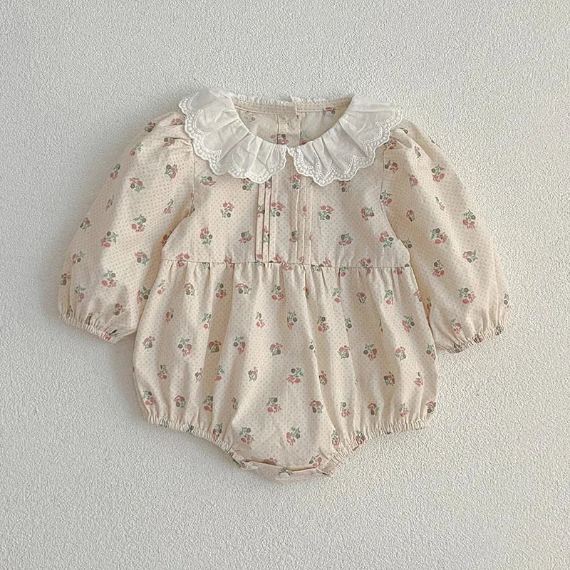 長袖ロンパース romper / 66cm 0-6m ベビーロンパース/キッズワンピース レースフリル襟ピンタックフラワープリント長袖ボディスーツ/ワンピース リンクコーデ 姉妹 お揃いコーデ【mh0007418】