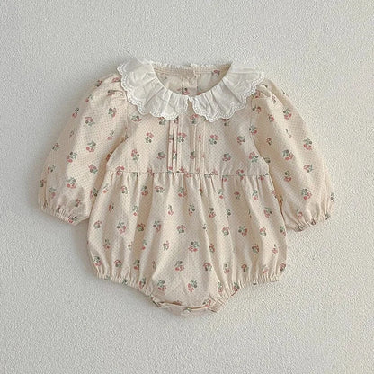 長袖ロンパース romper / 66cm 0-6m ベビーロンパース/キッズワンピース レースフリル襟ピンタックフラワープリント長袖ボディスーツ/ワンピース リンクコーデ 姉妹 お揃いコーデ【mh0007418】