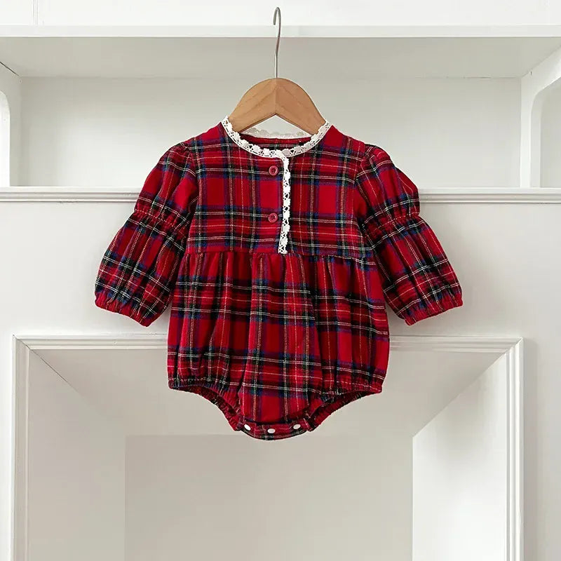 長袖ロンパース romper / 66cm 0-6m ベビーロンパース/キッズワンピース タータンチェックレース縁取り長袖ボディスーツ/ワンピース リンクコーデ 姉妹 お揃いコーデ【mh0007419】