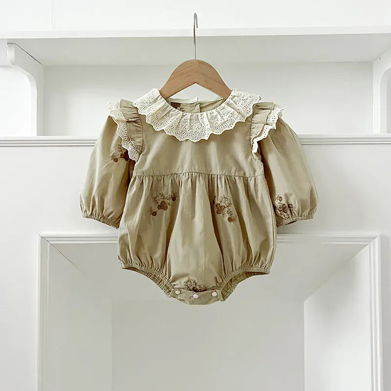 長袖ロンパース romper / 66cm 0-6m ベビーロンパース/キッズワンピース レースラッフル襟ショルダーフリルフラワープリント長袖ボディスーツ/ワンピース リンクコーデ 姉妹 お揃いコーデ【mh0007420】