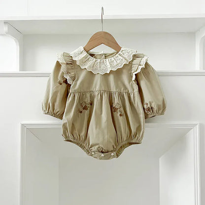 長袖ロンパース romper / 66cm 0-6m ベビーロンパース/キッズワンピース レースラッフル襟ショルダーフリルフラワープリント長袖ボディスーツ/ワンピース リンクコーデ 姉妹 お揃いコーデ【mh0007420】