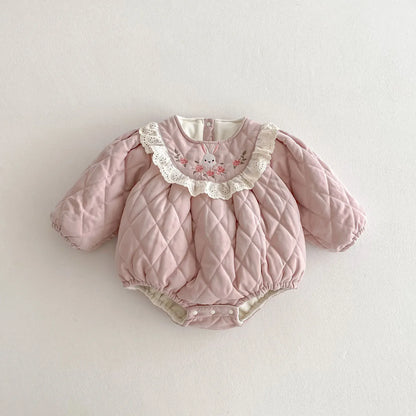 アウタージャンプスーツ Romper / 66cm 0-6m ベビーロンパース/ジャンプスーツ うさぎ刺繍キルティング長袖アウターボディースーツ ピンク【mh0007624】