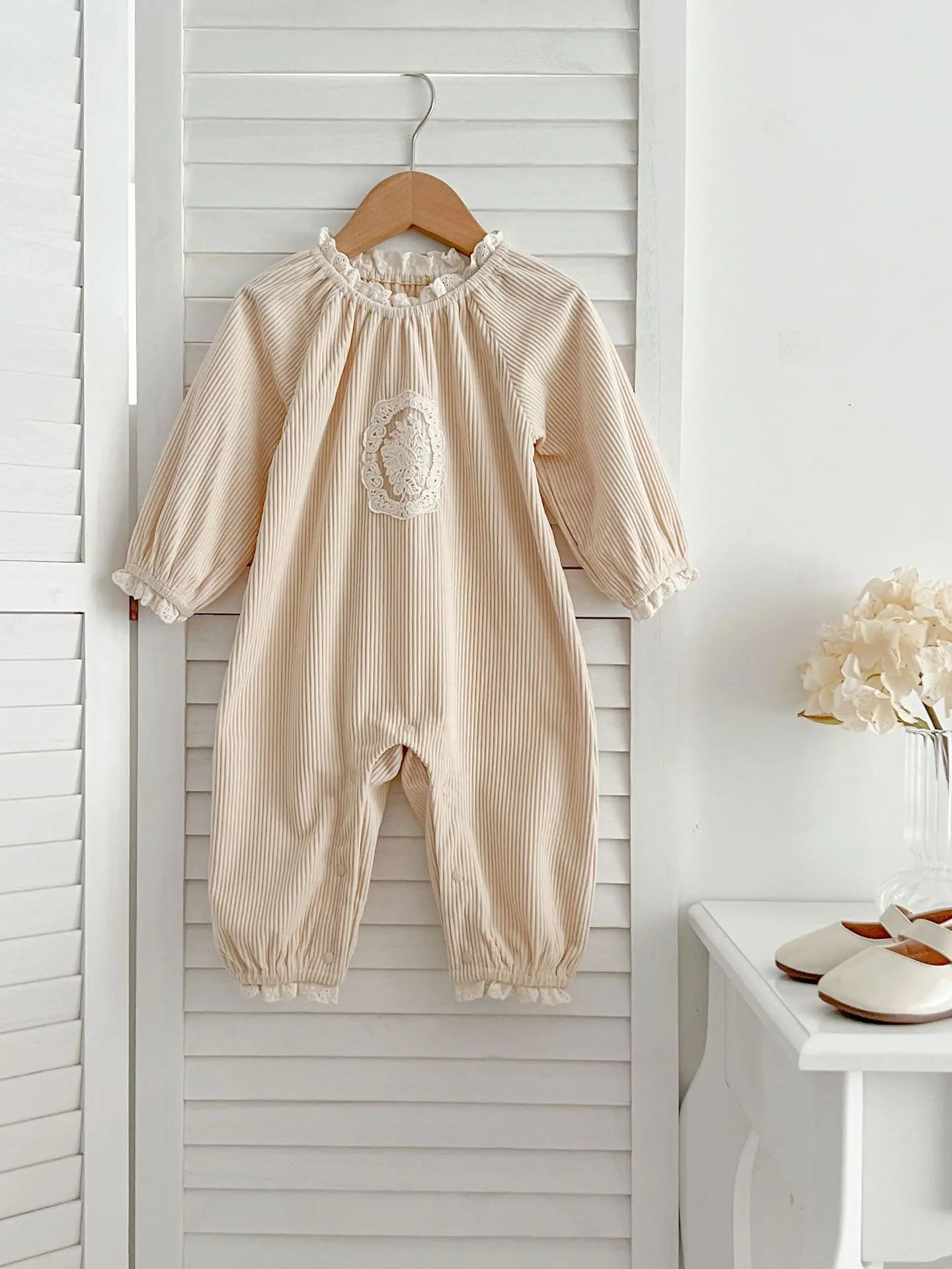 長袖セットアップ romper / 6M  66cm ベビーセットアップ 2点セット 長袖Tシャツ ロングパンツ 長袖ロンパース レース ベージュ
