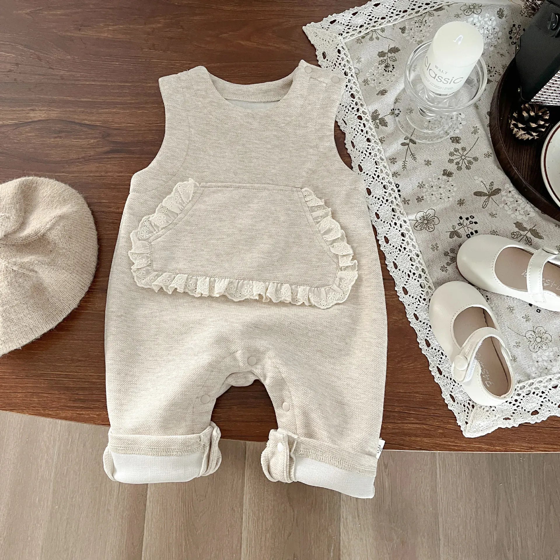 長袖セットアップ romper / 6M  66CM ベビートップス/カーディガン/ジャンプスーツ ラッフル襟長袖Tシャツ/ハートフリルカーディガンジャケット/ノースリーブロンパース【mh0008612】