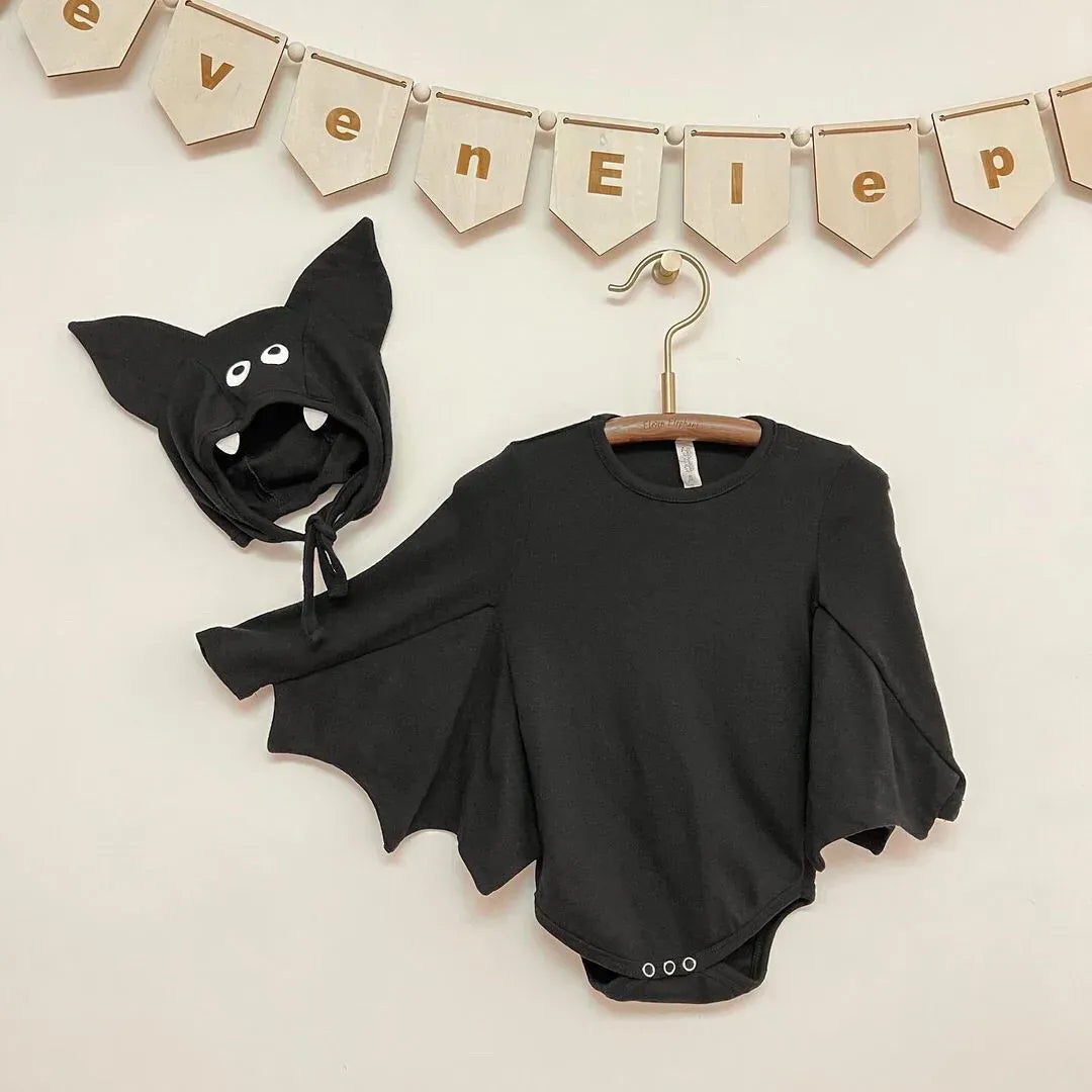 長袖セットアップ romper and hat / 66cm ベビーコスチューム ハロウィンバットスリーブコウモリロンパース/トップス+パンツ 帽子セット Halloween 👻【mh0007358】