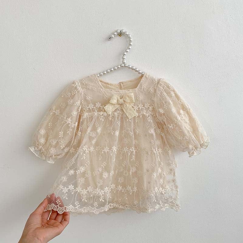 長袖ワンピース romper dress / 66cm ベビー リボン レース チュール チュチュ 長袖 ドレス ロンパース ワンピース お出かけ ベージュ ガールズ 6982