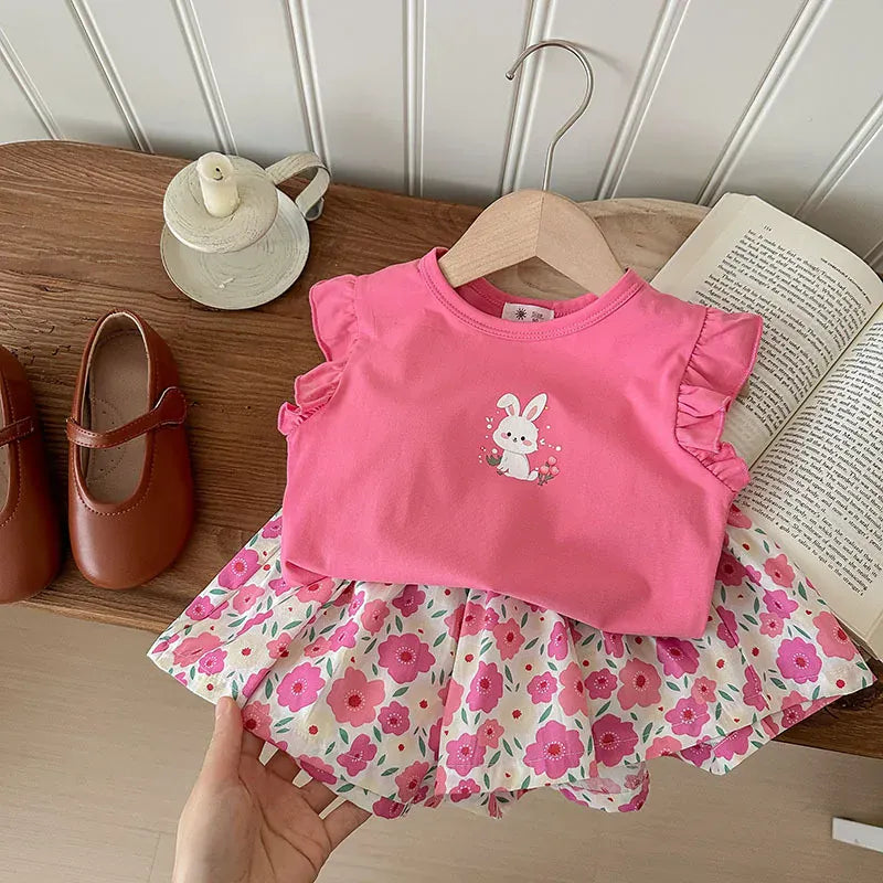 ノースリーブセットアップ rose red tops set / 2T  90cm キッズセットアップ 2点セット フリルスリーブTシャツ+フレアショートパンツ プリント柄