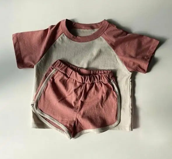 半袖セットアップ rust red / 9M  73cm キッズセットアップ 2点セット パッチワーク カラフル 半袖Tシャツ+ショートパンツ ユニセックス