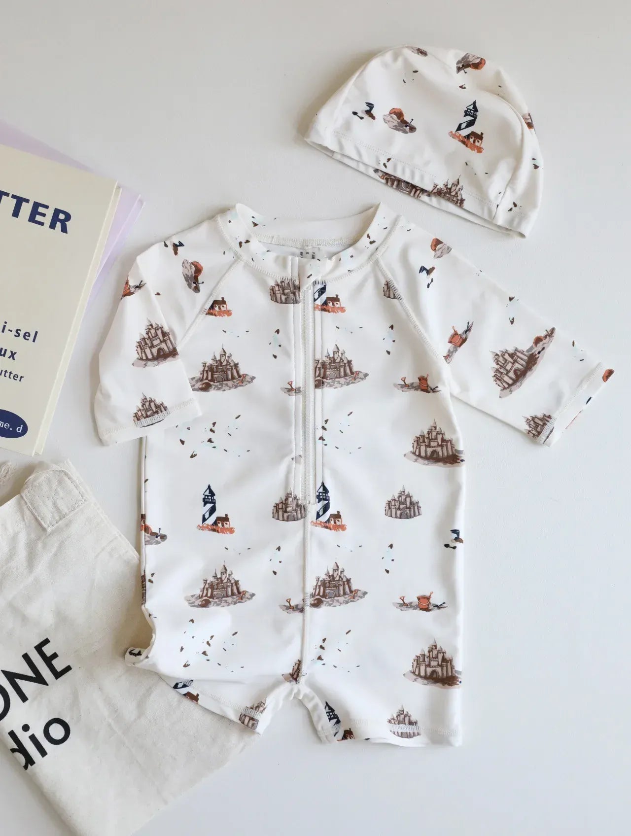 ベビー用水着 sand / 80cm キッズ水着 ボーイズ 長袖ジップアップつなぎ ワンピース+帽子セット アニマルプリント スイムウェア【mh0005992】