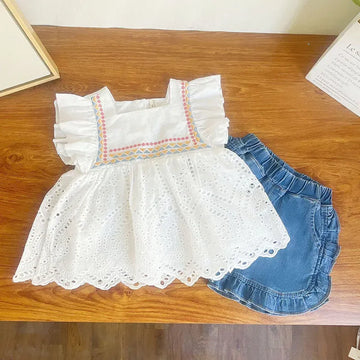 ノースリーブセットアップ set / 100cm キッズセットアップ 2点セット 刺繍レースフリルスリーブブラウス+デニムフリルショートパンツ