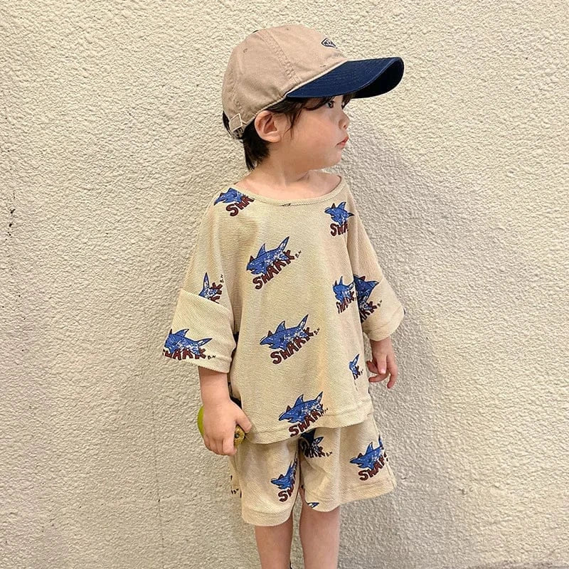 半袖セットアップ set / 12M 80cm キッズセットアップ 2点セット/ワンピース ボーイズ半袖Tシャツ+ショートパンツ/ガールズ半袖ワンピース シャーク鮫プリント リンクコーデ 兄弟姉妹 お揃いコーデ