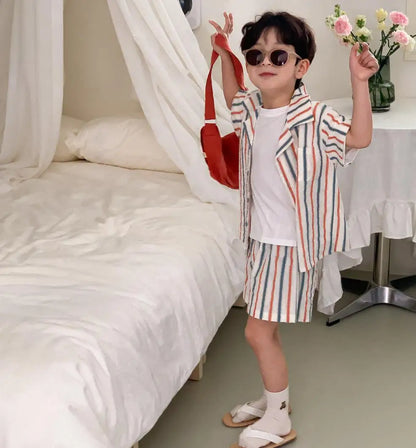 半袖セットアップ set / 24M 90cm キッズセットアップ 2点セット/ワンピース ボーイズ半袖シャツ+ショートパンツ/ガールズノースリーブワンピース カラフルストライプ リンクコーデ 兄弟姉妹 お揃いコーデ