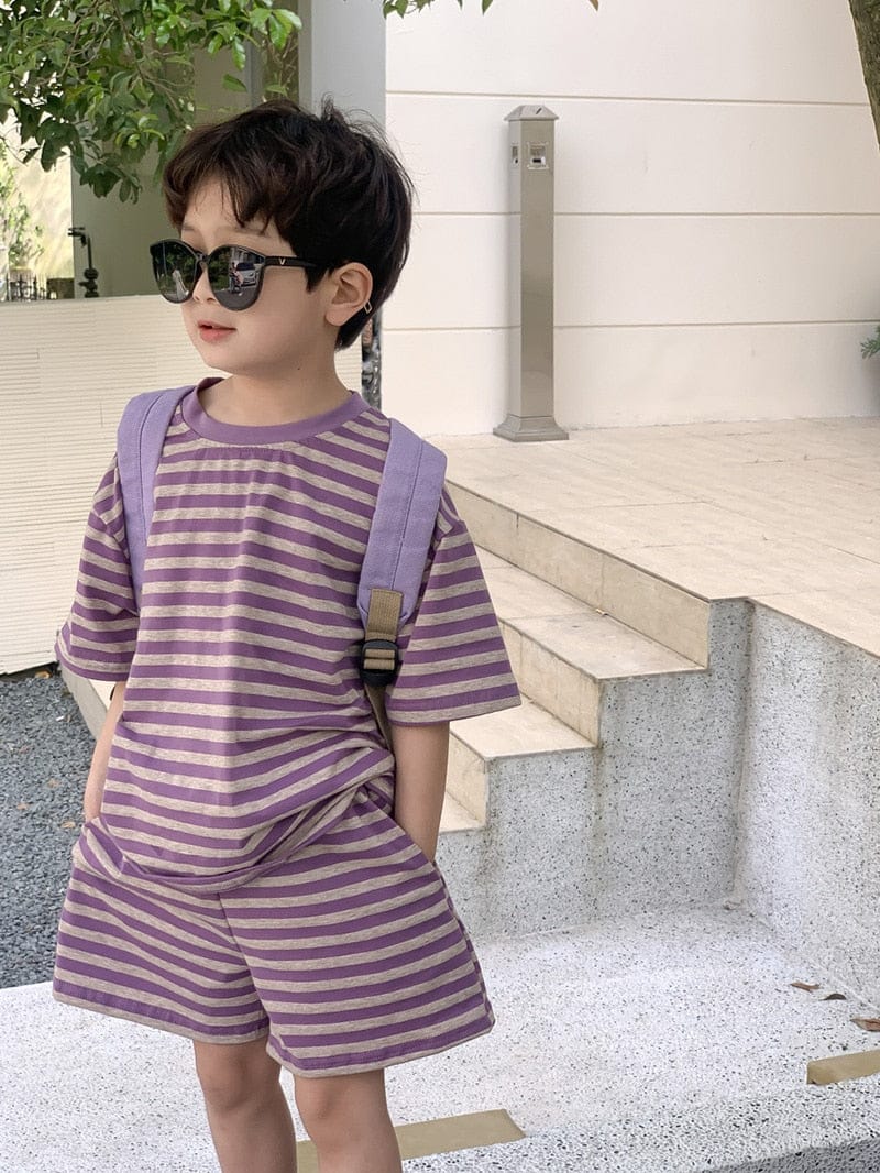 半袖セットアップ set / 24M/90cm / 取り寄せ（3〜14日） ☺︎ キッズ ボーダー ボーイズ セットアップ 半袖 Tシャツ ショートパンツ ガールズ ワンピース パープル リンク 兄弟 姉妹 お揃い コーデ