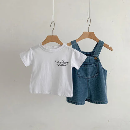 半袖セットアップ set / 6-9M 73cm ベビーセットアップ 2点セット 半袖Tシャツ+デニムショートオーバーオール サスペンダーパンツ【mh0005943】