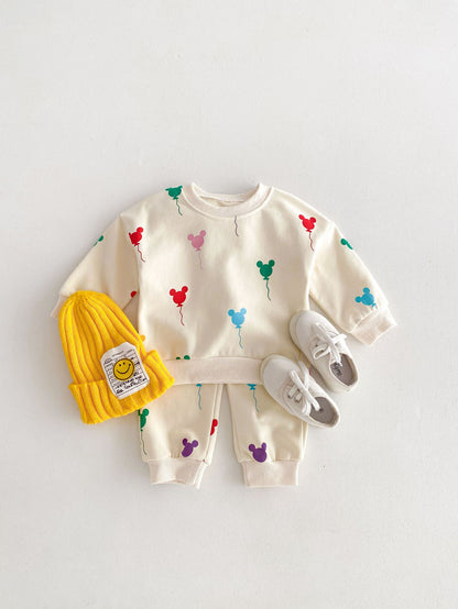 長袖セットアップ set / 80cm キッズセットアップ 2点セット 長袖スウェットシャツ ロングパンツ 長袖ワンピース カラフルミッキーバルーンプリント リンクコーデ  姉妹兄弟 お揃いコーデ【mh0003844】