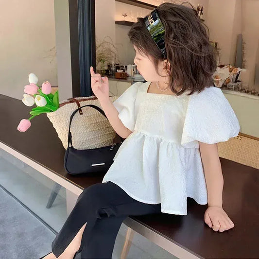 半袖セットアップ Set / 90cm キッズセットアップ 2点セット バックリボン 半袖パフスリーブチュニックブラウス+サイドスリットフレアパンツ【mh0006074】