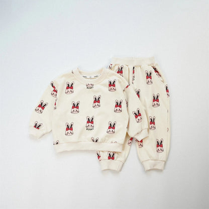 長袖セットアップ set2 / 12M  80CM キッズセットアップ 2点セット ベアくま/うさぎプリント長袖スウェットシャツ+ロングスウェットパンツ【mh0008558】