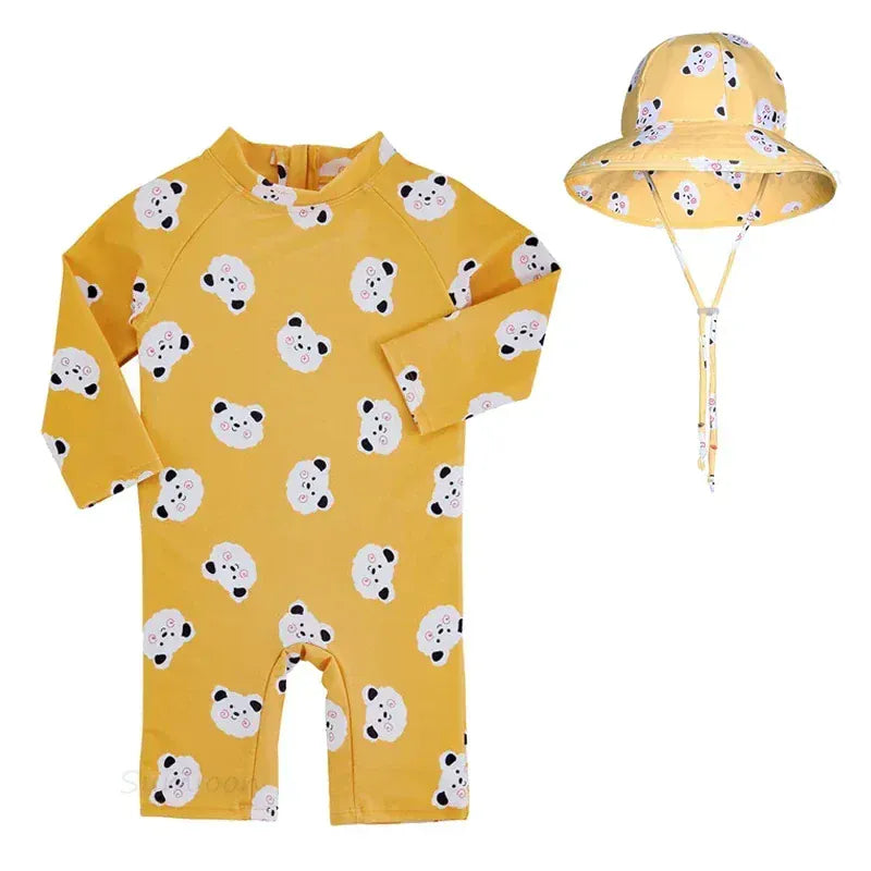 ベビー用水着 sheep with hat / 1-2Yrs キッズ水着 帽子セット 長袖ラッシュガード つなぎ ワンピース アニマル フラワープリント スイムウェア