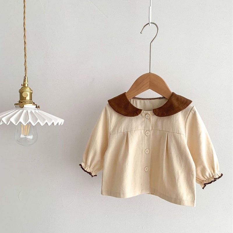 長袖ワンピース shirt / 66cm ベビー 長袖ブラウス 長袖ワンピース ノースリーブジャンプスーツ サスペンダースカートロンパース 単品 リボン フラワー刺繍 ブラウン ベージュ ユニセックス 男の子 女の子