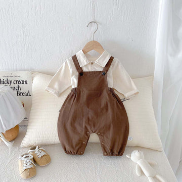 長袖セットアップ Shirt + bib suit / 66cm 長袖シャツ+サスペンダーオーバーオール セットアップ 2点セット【mh0010929】
