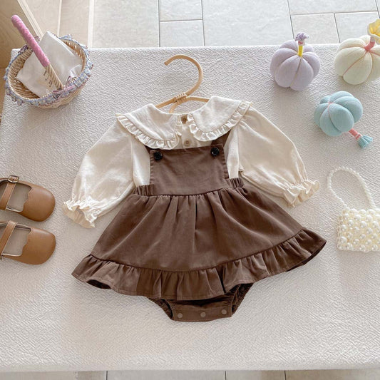 ロンパースセットアップ Shirt + strap skirt / 66cm フリルビッグカラーブラウス+サスペンダースカートロンパース 2点セット【mh0010923】