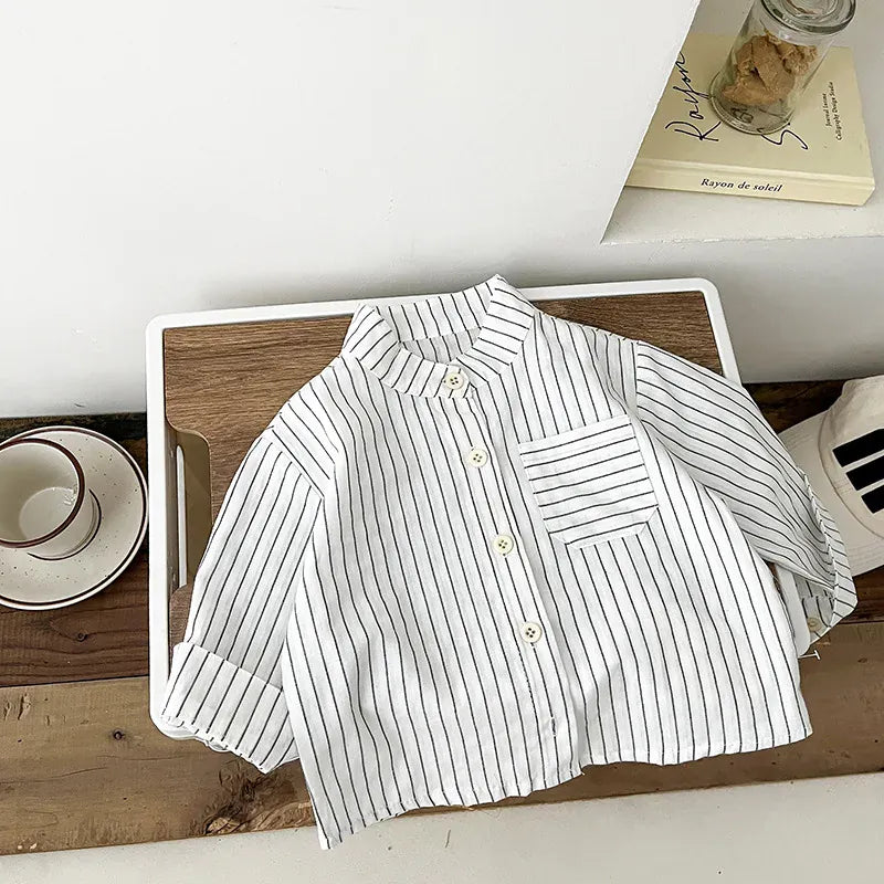 長袖セットアップ shirts / 6M  66CM ベビーキッズベスト/トップス/パンツ ストライプ長袖シャツ/ニットジレベスト/ポケットロングルーズパンツ【mh-0008608】