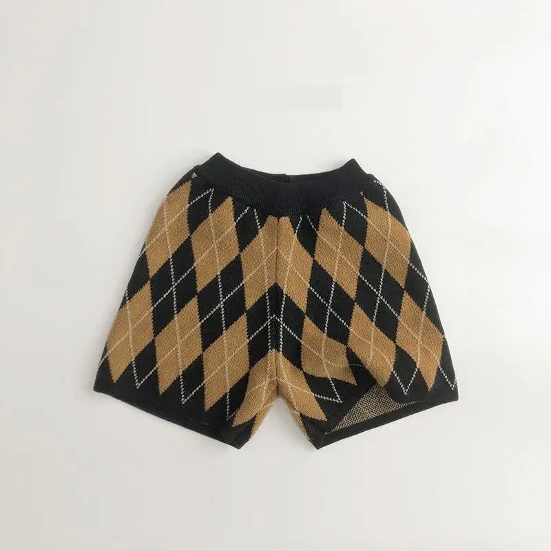 ベスト shorts / 12M  80cm キッズベスト ショートパンツ ダイヤモンドチェック柄 ノースリーブニットベスト ハーフパンツ