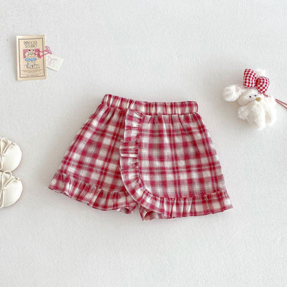 半袖セットアップ Shorts cherry red / 73cm バニープリントフリルスリーブTシャツ/チェック巻きスカートショートパンツ【mh0010369】