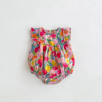 半袖ロンパース shortsleeve romper / 66cm 0-6m ベビーロンパース フリルスリーブボディスーツ カラフルチューリッププリント【mh0005611】