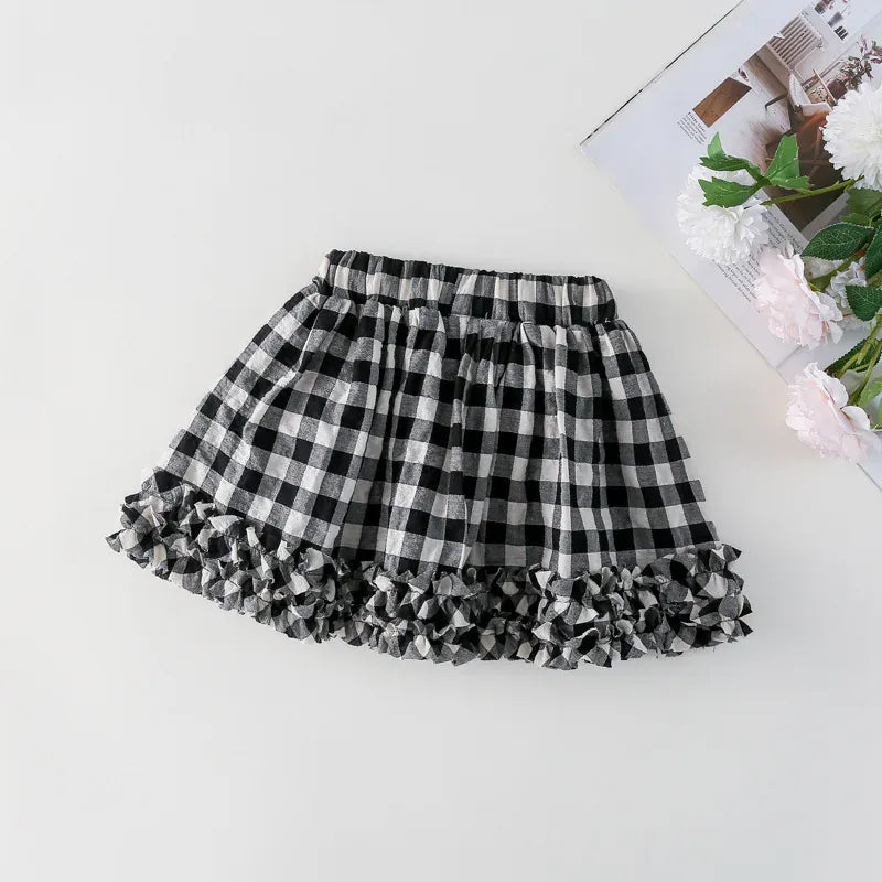 長袖セットアップ skirt / 2T (90) キッズトップス/スカート ピンタックレース襟長袖ブラウス/チェックフリルミニスカート【mh0008666】