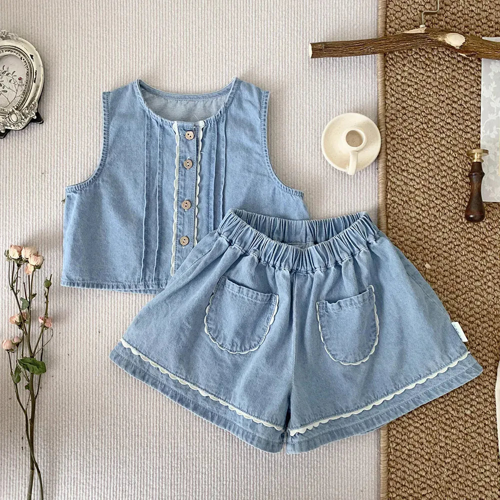 ノースリーブセットアップ Sky blue / 12M (80cm) ベビーキッズセットアップ 2点セット デニム ノースリーブベストブラウス+ショートパンツ キュロットパンツ 2カラー