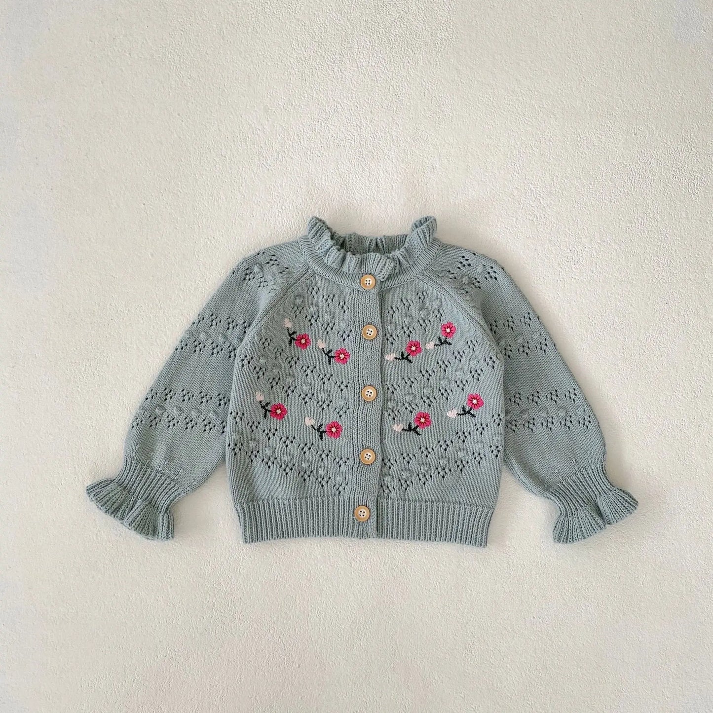 カーディガン・パーカー SKY BLUE / 66cm ベビーカーディガン ニット フラワー花柄刺繍 ジャケット スカイブルー