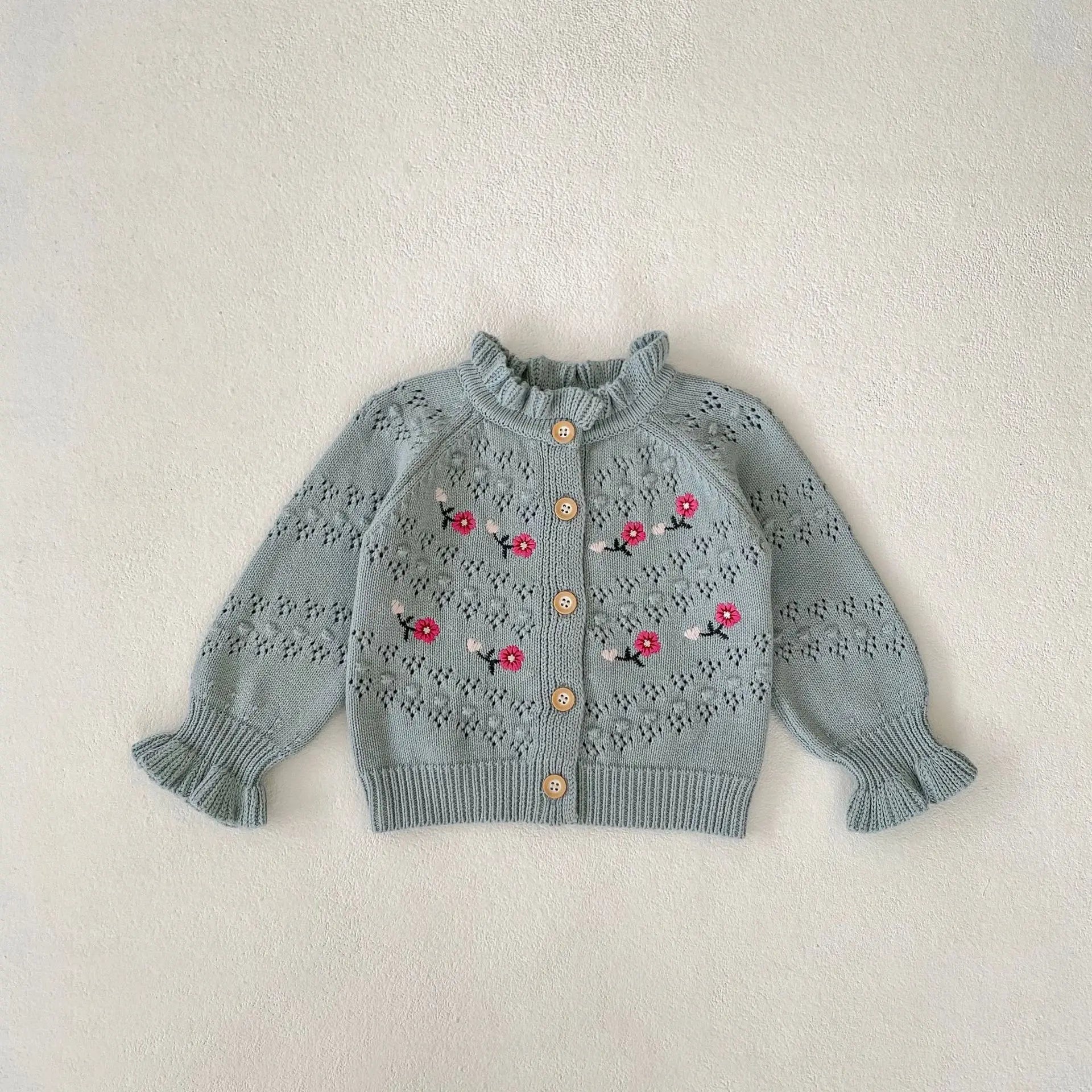 カーディガン・パーカー SKY BLUE / 66cm ベビーカーディガン ニット フラワー花柄刺繍 ジャケット スカイブルー