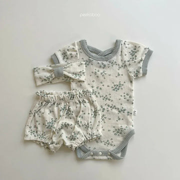 ロンパースセットアップ Sky Blue / 6M 66cm ベビーセットアップ 2点セット半袖ロンパース+ショートパンツ フラワー花柄プリント 3カラー【mh0006068】