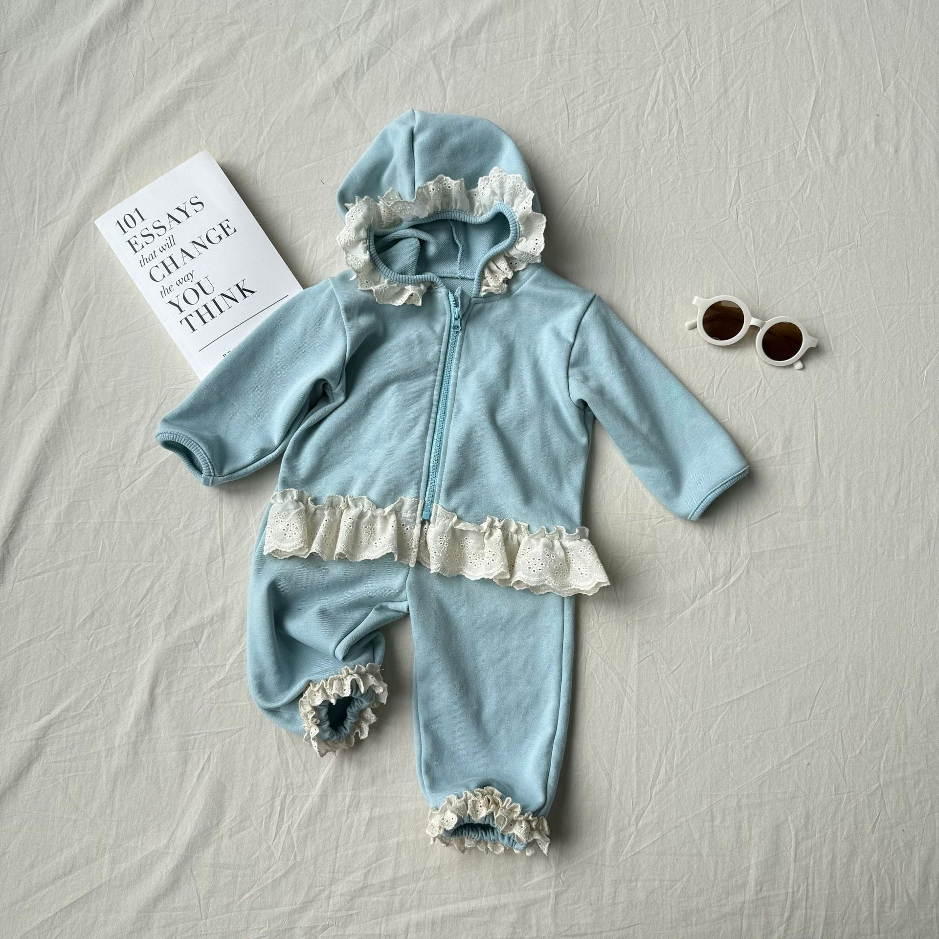 長袖セットアップ Sky Blue / 73cm レースフリル付きセットアップ ジップアップフーディ+パンツ 2点セット【mh0010792】