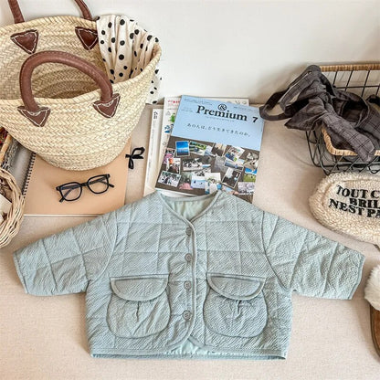 ショートコート・ジャケット・ジャンパー Sky Blue / 80cm キッズ キルティングジャケット ショートコート ジャンパー ベージュ スカイブルー アーミーグリーン 3カラー ユニセックス 男の子 女の子 子供服