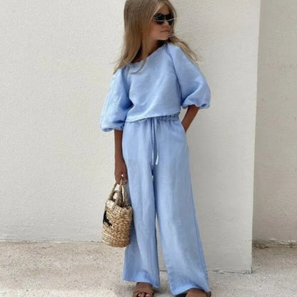 半袖セットアップ Sky Blue / 90cm 1-2y キッズセットアップ 2点セット 半袖バルーンスリーブブラウス+ワイドルーズパンツ リゾートスタイル 2カラー