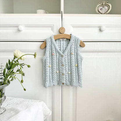 ベスト SKY BLUE / 90cm キッズベスト レースニット 前あきベスト ノースリーブトップス フラワー花柄刺繍 ベージュ/スカイブルー/2カラー