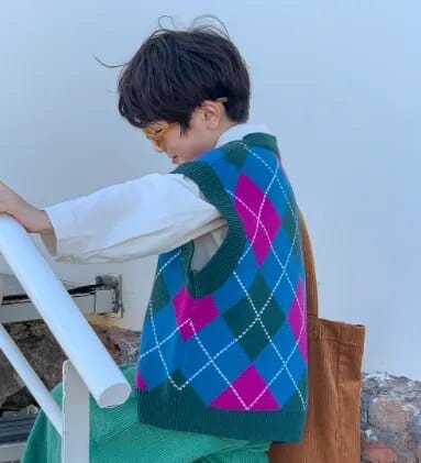 カーディガン・パーカー sleeveless vest / 90cm キッズベスト カーディガン アーガイルチェック レトロ ニットブルーグリーン ユニセックス 男の子 女の子 子供服 7075