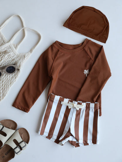 ベビー用水着 Split swimsuit brick-red stripes / 80 キッズ水着 ボーイズ セパレートスイムウェア 帽子セット【mh0009083】