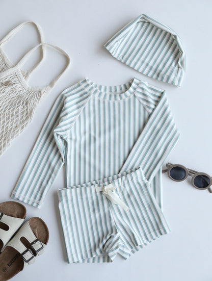 ベビー用水着 Split swimsuit with yellow-green stripes / 80 キッズ水着 ボーイズ セパレートスイムウェア 帽子セット【mh0009083】