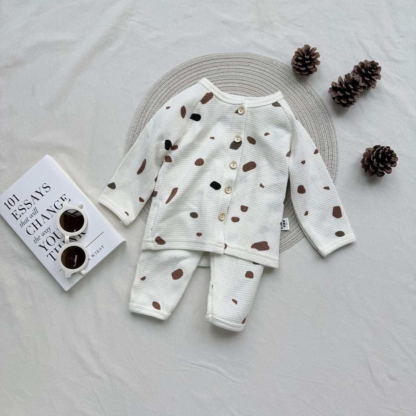 長袖パジャマ spot / 73cm waffle print long-sleeved tops pants two-piece suit【mh0009531】