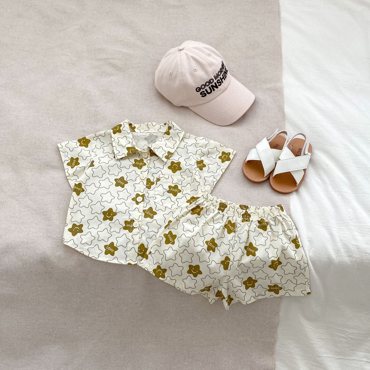 半袖セットアップ star / 73cm 6-9M ベビーキッズセットアップ 2点セット 半袖シャツ+ショートパンツ 星スター猫キャットプリント柄【mh0005354】